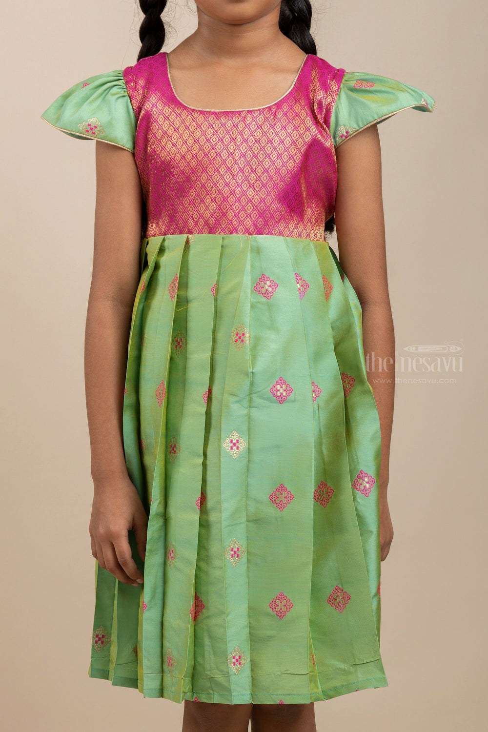 The Nesavu Silk Frock Mint Green With Pink Designer Silk Frock For New Born Baby Girls Nesavu Pink Yoke Dresses Online | Silk Ethnics Pleat Design Ideas | The Nesavu