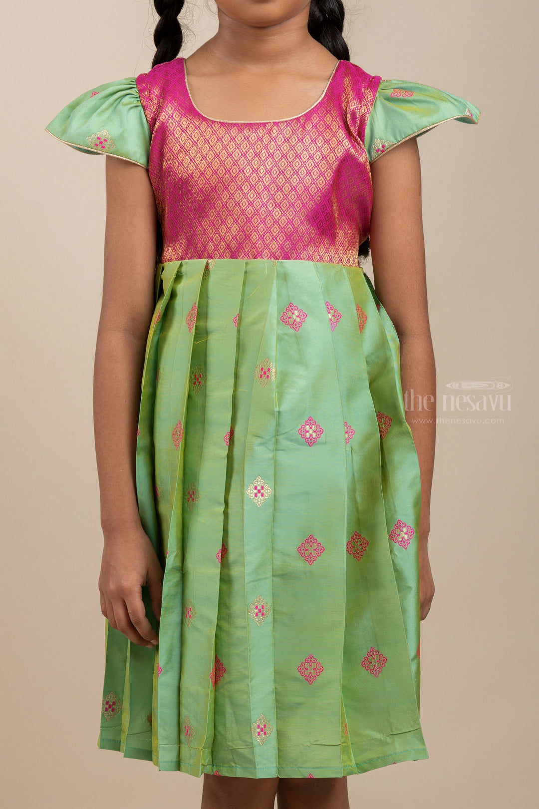 The Nesavu Silk Frock Mint Green With Pink Designer Silk Frock For New Born Baby Girls Nesavu Pink Yoke Dresses Online | Silk Ethnics Pleat Design Ideas | The Nesavu