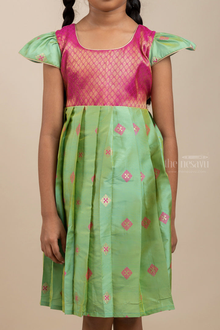 The Nesavu Silk Frock Mint Green With Pink Designer Silk Frock For New Born Baby Girls Nesavu Pink Yoke Dresses Online | Silk Ethnics Pleat Design Ideas | The Nesavu