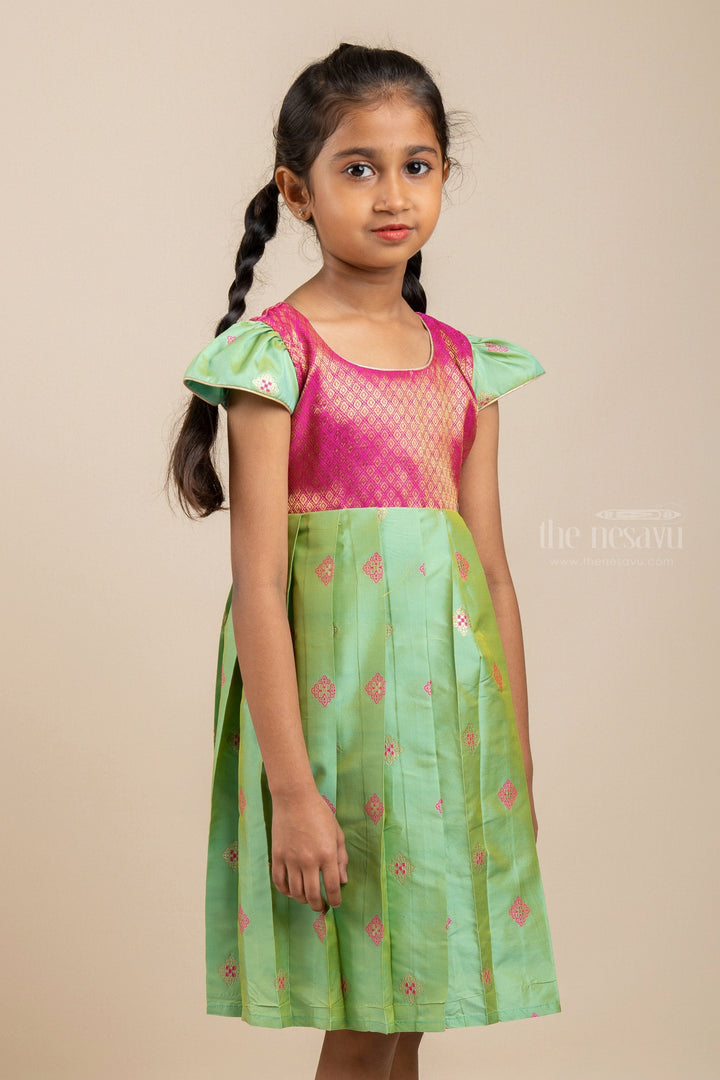 The Nesavu Silk Frock Mint Green With Pink Designer Silk Frock For New Born Baby Girls Nesavu Pink Yoke Dresses Online | Silk Ethnics Pleat Design Ideas | The Nesavu