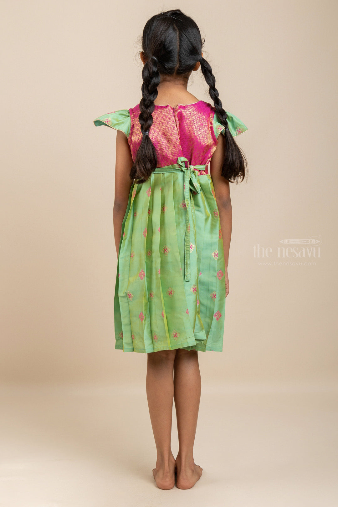 The Nesavu Silk Frock Mint Green With Pink Designer Silk Frock For New Born Baby Girls Nesavu Pink Yoke Dresses Online | Silk Ethnics Pleat Design Ideas | The Nesavu