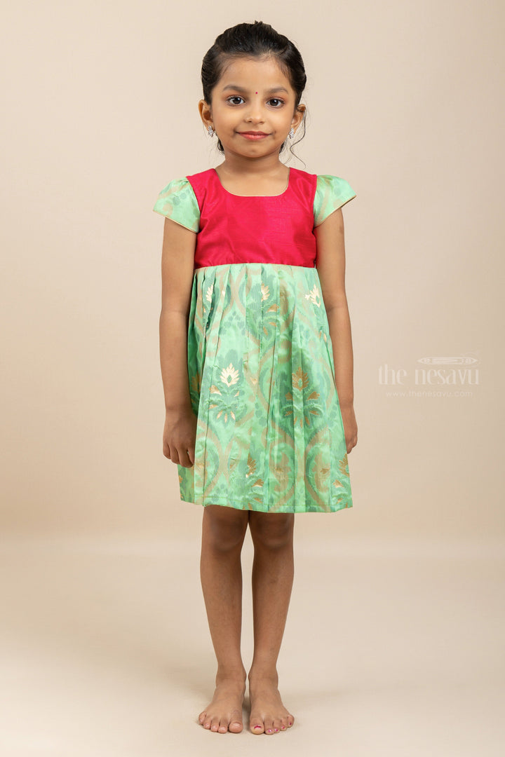 The Nesavu Silk Frock Mint Green With Pink Elegant Silk Cotton Langa Dress For Girls Nesavu 12 (3M) / Green SF389-12 Designer Langa Voni Online | Stylish Silk Frock Ideas | The Nesavu