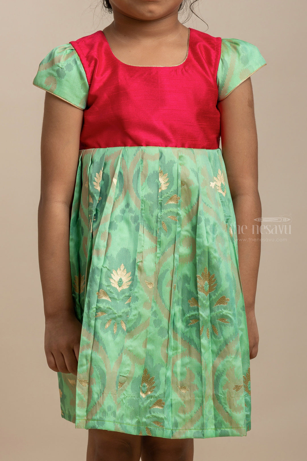 The Nesavu Silk Frock Mint Green With Pink Elegant Silk Cotton Langa Dress For Girls Nesavu Designer Langa Voni Online | Stylish Silk Frock Ideas | The Nesavu