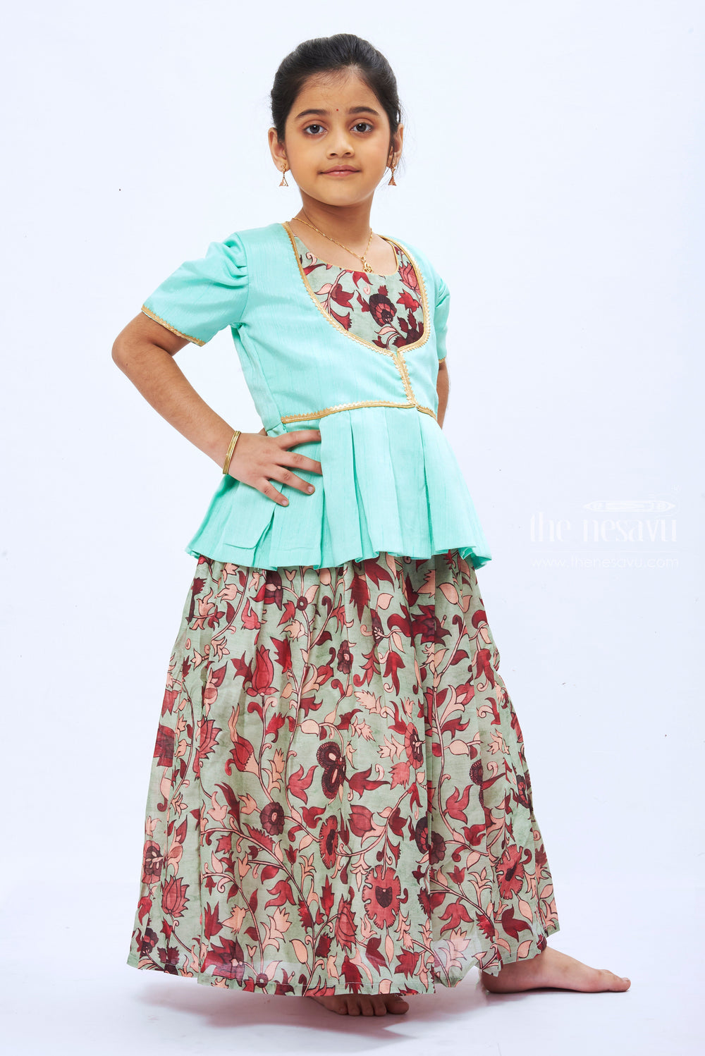 The Nesavu Girls Silk Gown Mint Meadow: Floral Peplum Dress with Pleated Detail for Girls Nesavu Girls' Mint Floral Peplum Dress | Girls Anarkali Dress | The Nesavu