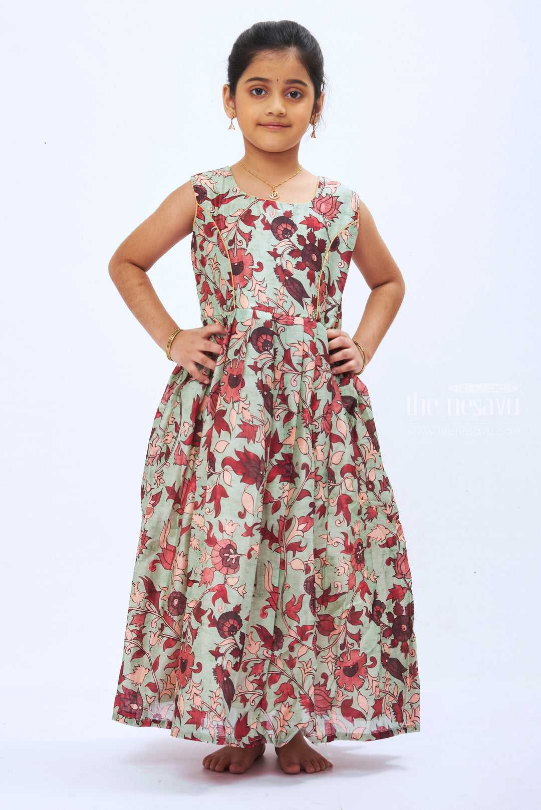The Nesavu Girls Silk Gown Mint Meadow: Floral Peplum Dress with Pleated Detail for Girls Nesavu Girls' Mint Floral Peplum Dress | Girls Anarkali Dress | The Nesavu
