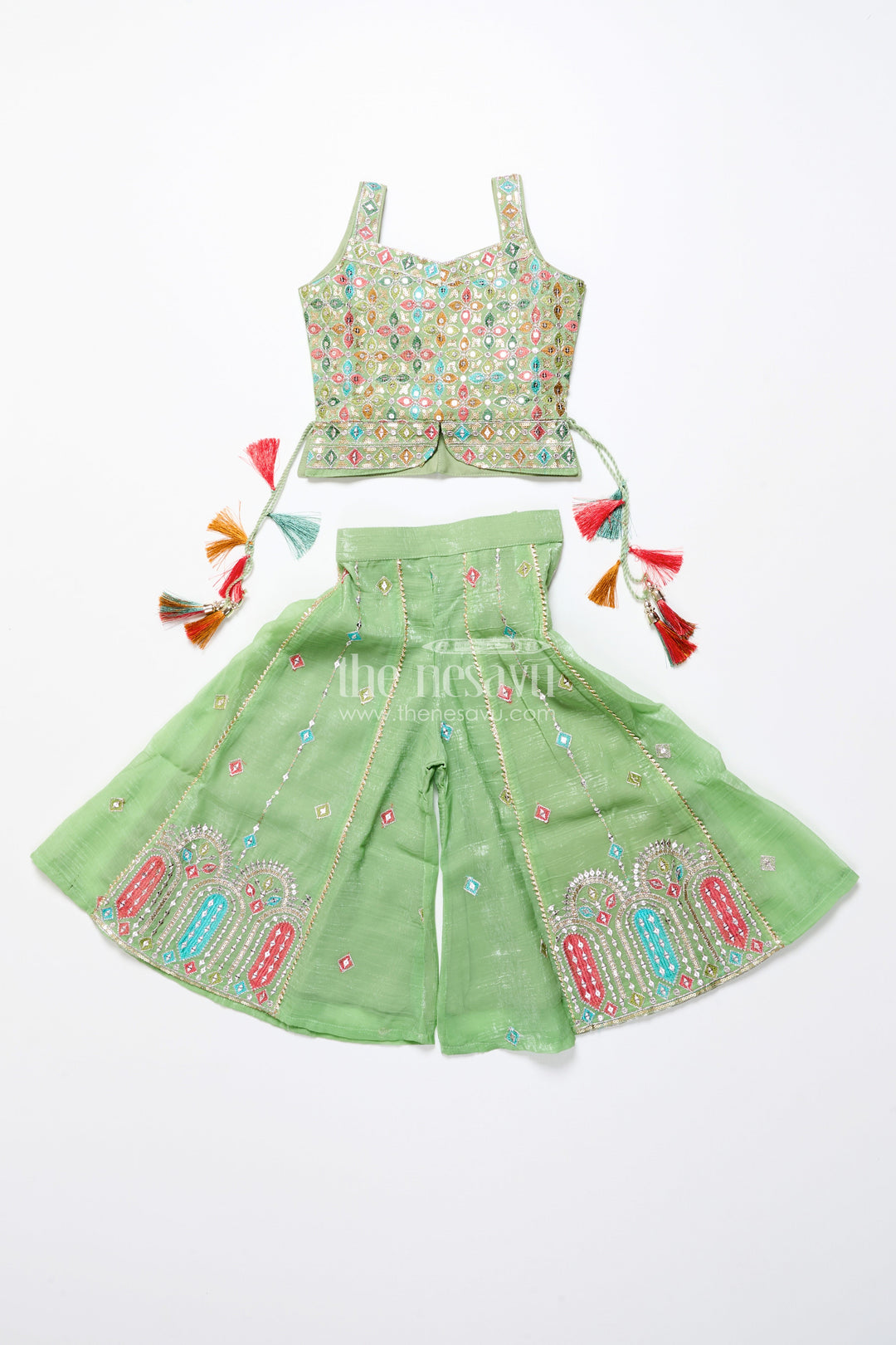The Nesavu Girls Sharara / Plazo Set Mirror Embroidered Green Sharara Set with Colorful Tassels Nesavu Nesavu mirror embroidered georgette sharara set  girls festive ethnic wear
