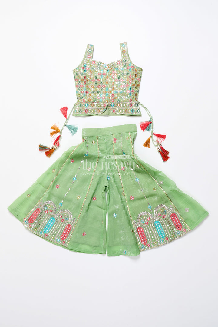 The Nesavu Girls Sharara / Plazo Set Mirror Embroidered Green Sharara Set with Colorful Tassels Nesavu Nesavu mirror embroidered georgette sharara set  girls festive ethnic wear