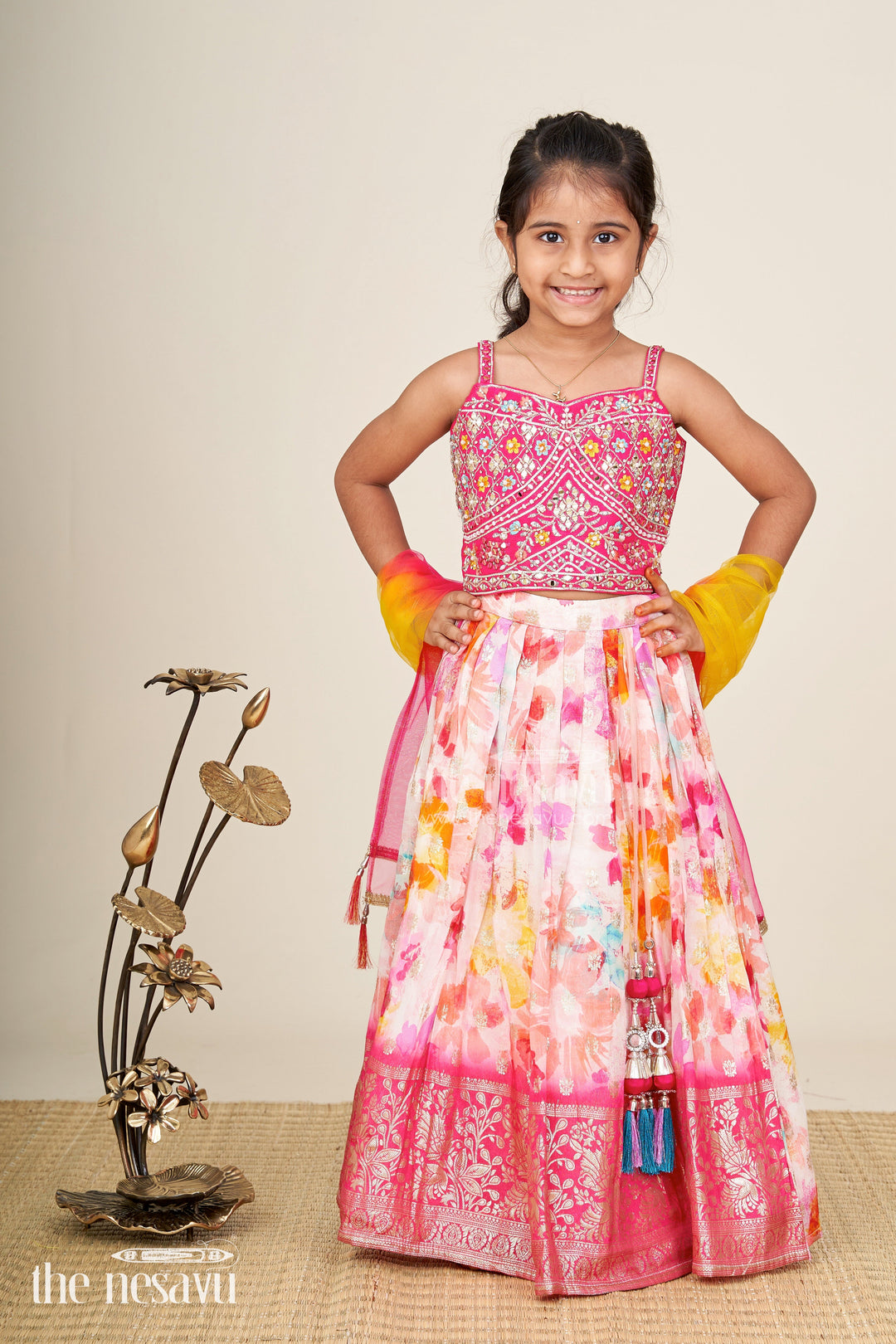 The Nesavu Girls Lehenga Choli Mirror Work Lehenga For Girls Festival Partywear Set Nesavu 16 (1Y) / Pink GL669A-16 Nesavu Girls Mirror Work Lehenga Choli Set Pink Multicolor Floral Printed Skirt Party Wear