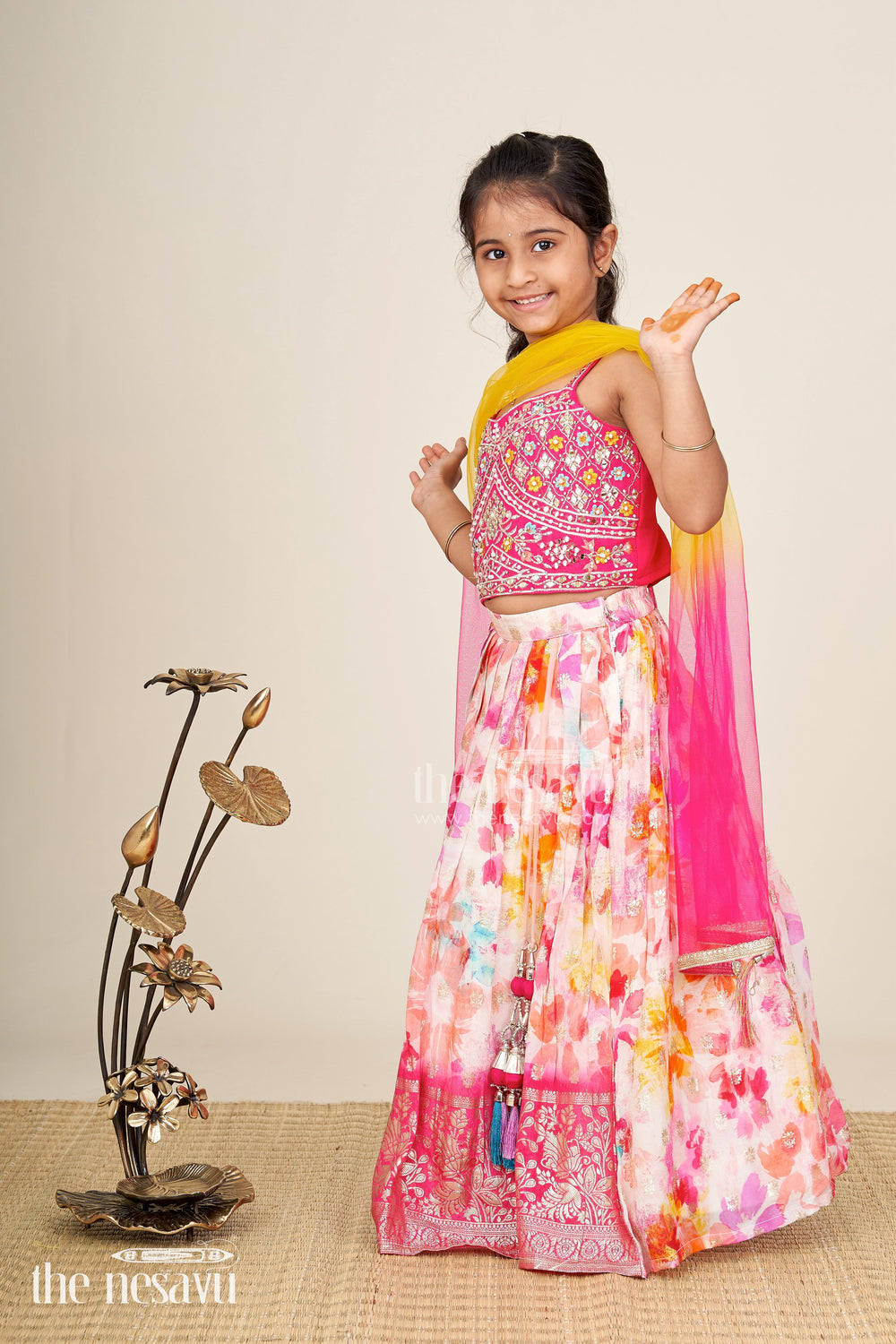 The Nesavu Girls Lehenga Choli Mirror Work Lehenga For Girls Festival Partywear Set Nesavu Nesavu Girls Mirror Work Lehenga Choli Set Pink Multicolor Floral Printed Skirt Party Wear