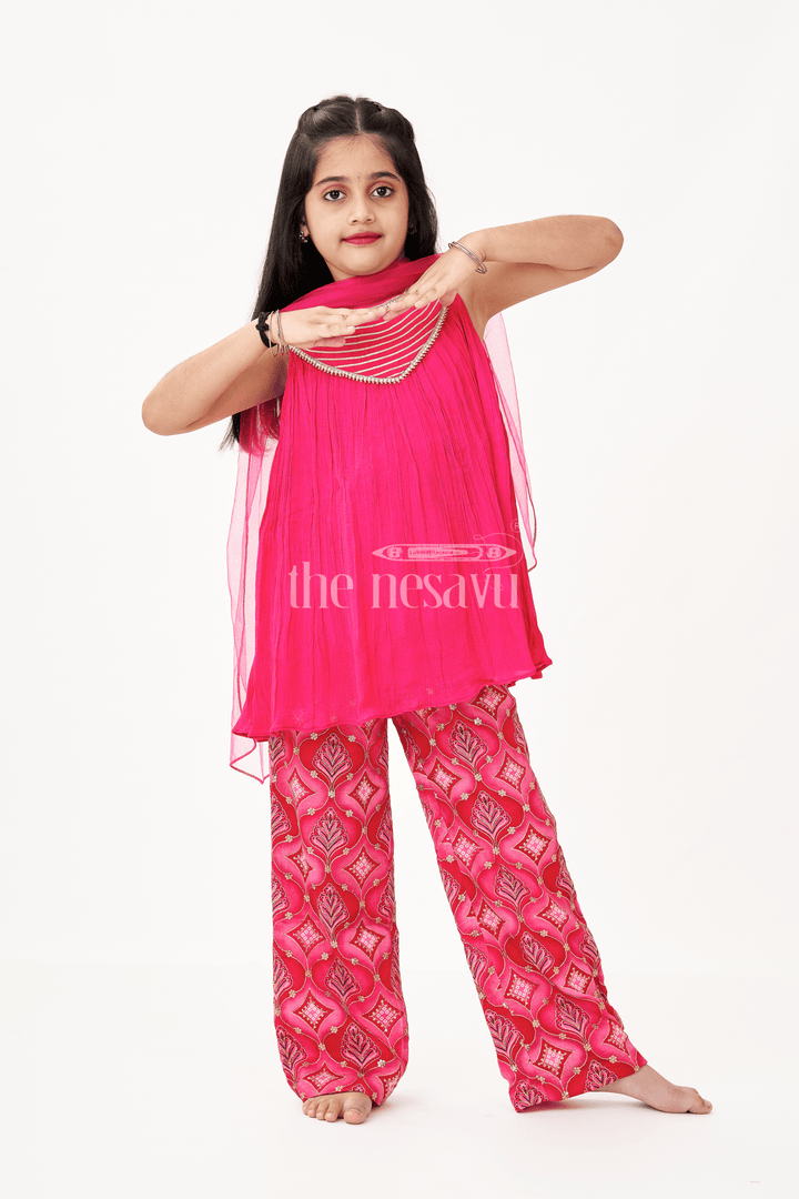The Nesavu Girls Sharara / Plazo Set Modern Gharara Sharara Dress for Girls in Viscose Silk with Pearl Embellished Yoke and Designer Bottom Nesavu 16 (1Y) / Pink GPS588A-16 Nesavu Modern Gharara Sharara Dress for Girls in Magenta Viscose Silk with Pearl Embellished Yoke