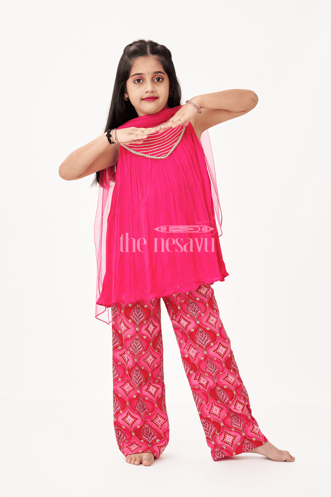 The Nesavu Girls Sharara / Plazo Set Modern Gharara Sharara Dress for Girls in Viscose Silk with Pearl Embellished Yoke and Designer Bottom Nesavu 16 (1Y) / Pink GPS588A-16 Nesavu Modern Gharara Sharara Dress for Girls in Magenta Viscose Silk with Pearl Embellished Yoke