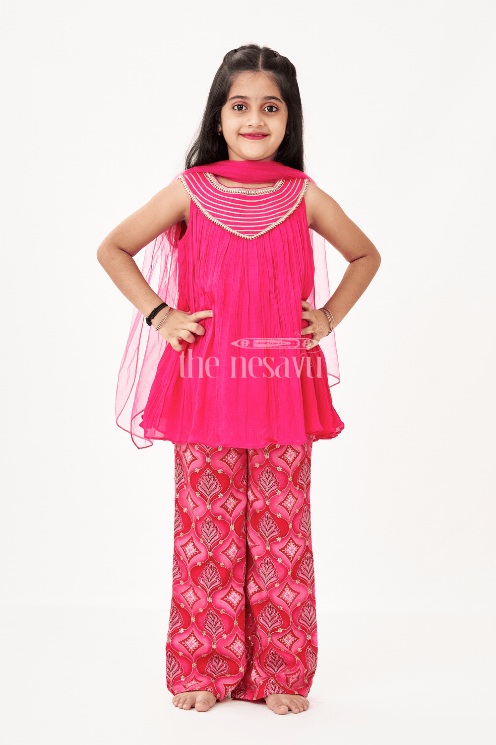 The Nesavu Girls Sharara / Plazo Set Modern Gharara Sharara Dress for Girls in Viscose Silk with Pearl Embellished Yoke and Designer Bottom Nesavu Nesavu Modern Gharara Sharara Dress for Girls in Magenta Viscose Silk with Pearl Embellished Yoke