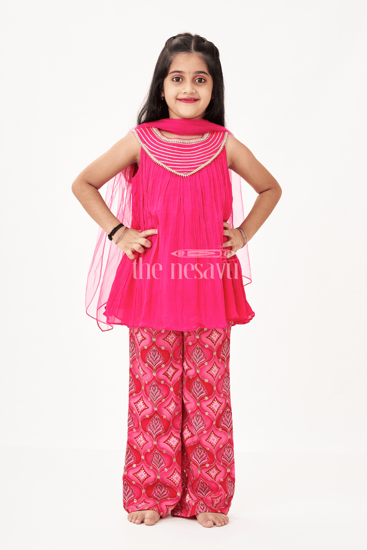 The Nesavu Girls Sharara / Plazo Set Modern Gharara Sharara Dress for Girls in Viscose Silk with Pearl Embellished Yoke and Designer Bottom Nesavu Nesavu Modern Gharara Sharara Dress for Girls in Magenta Viscose Silk with Pearl Embellished Yoke