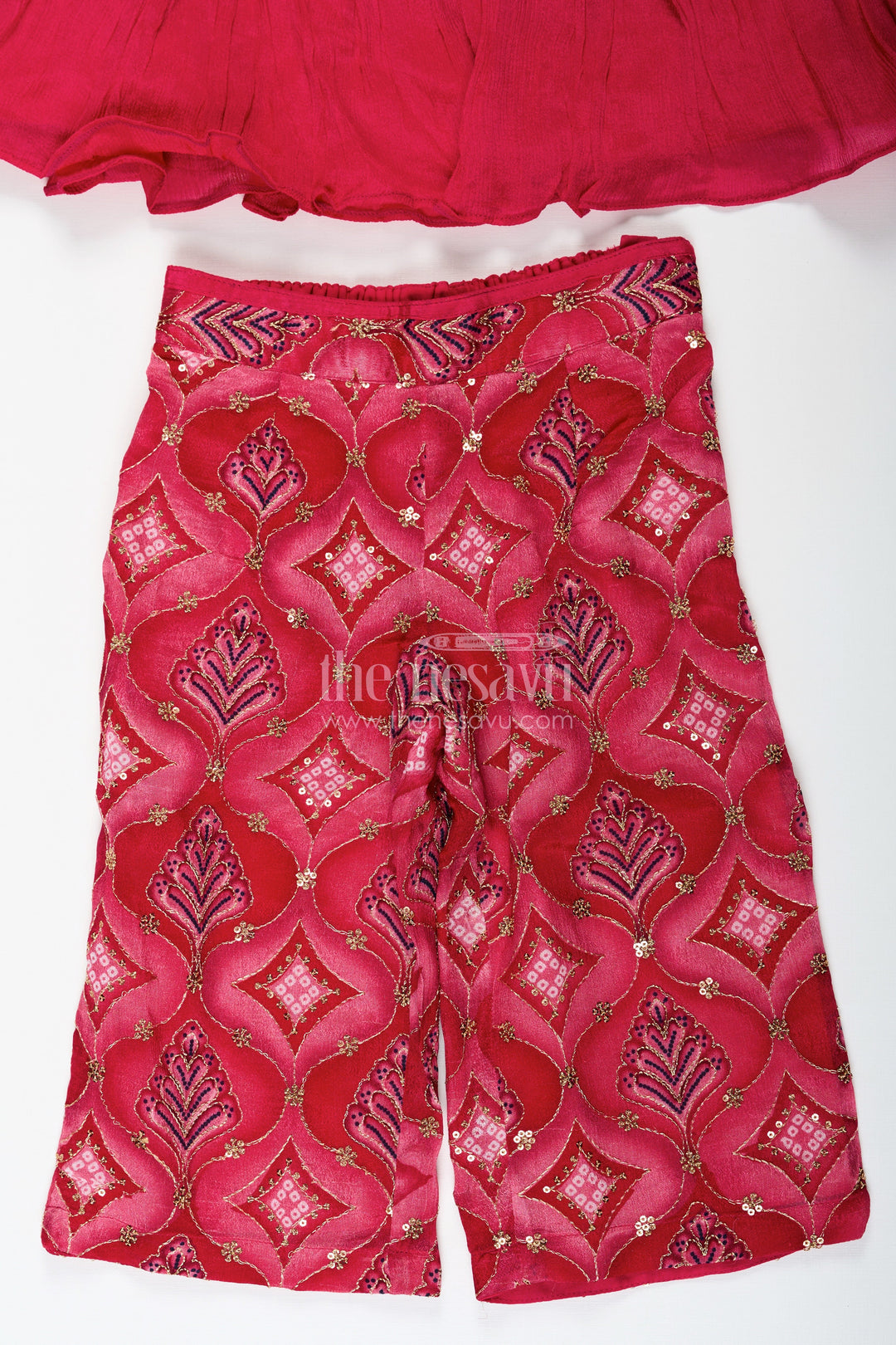 The Nesavu Girls Sharara / Plazo Set Modern Gharara Sharara Dress for Girls in Viscose Silk with Pearl Embellished Yoke and Designer Bottom Nesavu Nesavu Modern Gharara Sharara Dress for Girls in Magenta Viscose Silk with Pearl Embellished Yoke