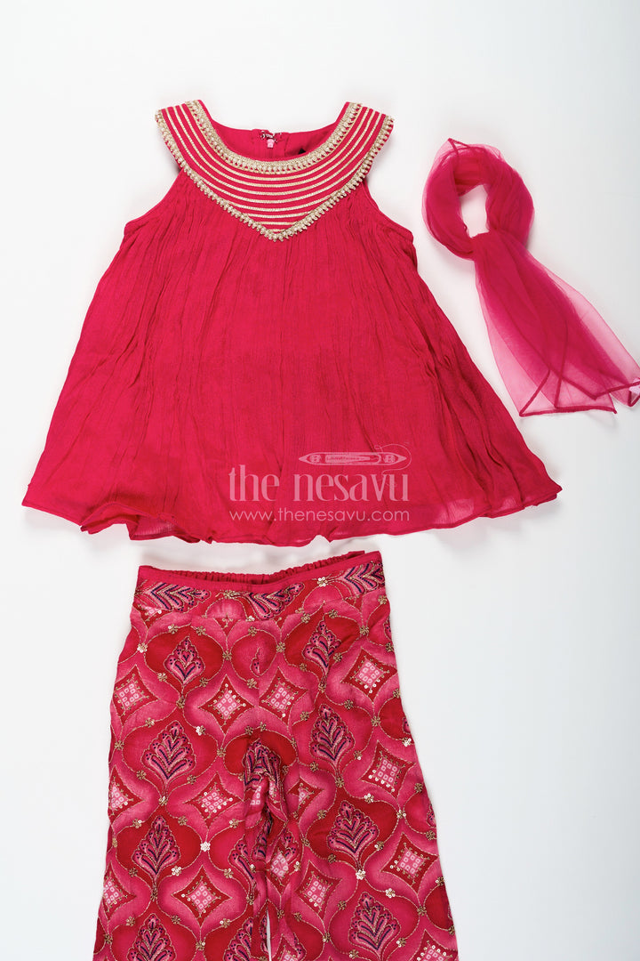 The Nesavu Girls Sharara / Plazo Set Modern Gharara Sharara Dress for Girls in Viscose Silk with Pearl Embellished Yoke and Designer Bottom Nesavu Nesavu Modern Gharara Sharara Dress for Girls in Magenta Viscose Silk with Pearl Embellished Yoke