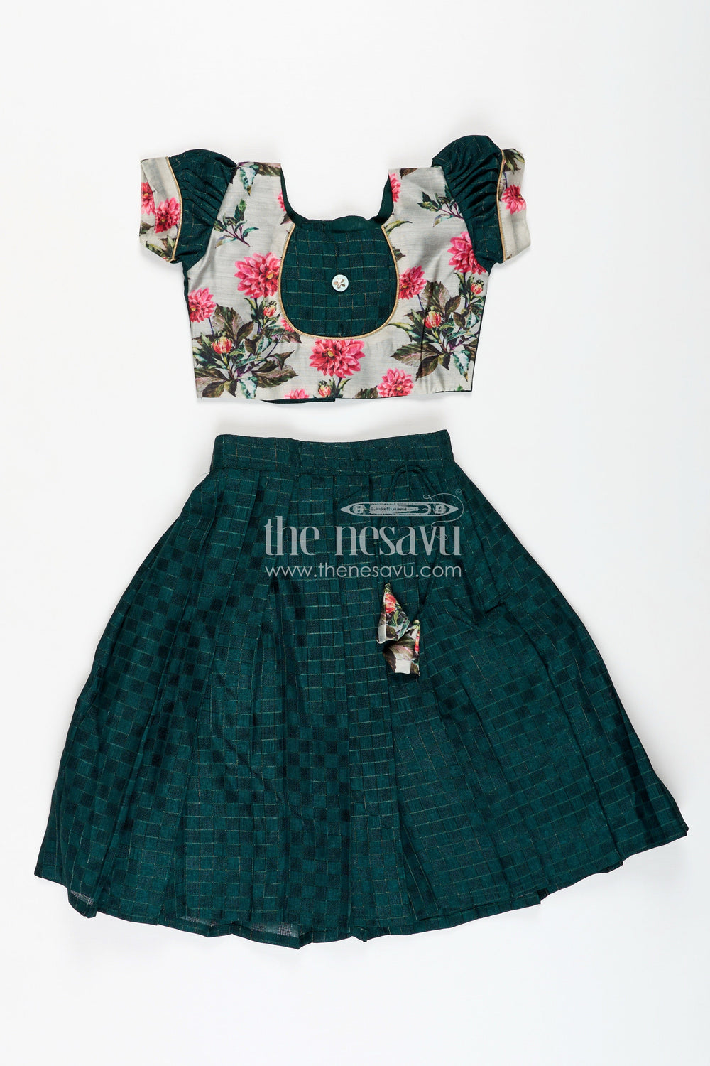 The Nesavu Girls Lehenga Choli Modern Lehengas for Girls in Elegant Green with Floral Printed Chanderi Yoke and Silk Cotton Finish Nesavu 16 (1Y) / Green GL654A-16 Nesavu Modern Girls Lehenga Green Silk Cotton Skirt Chanderi Floral Yoke Blouse Set