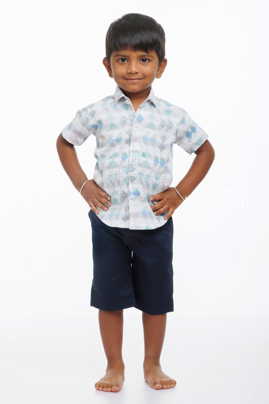 The Nesavu Boys Casual Set Modern Prism Boys Shirt and Shorts Set: Stylish Comfort for Everyday Play Nesavu 16 (1Y) / Blue / Popcorn Polysilk BCS013B-16 Buy Boys Geometric Print Casual Set | Navy Shorts Outfit for Kids Online | The Nesavu