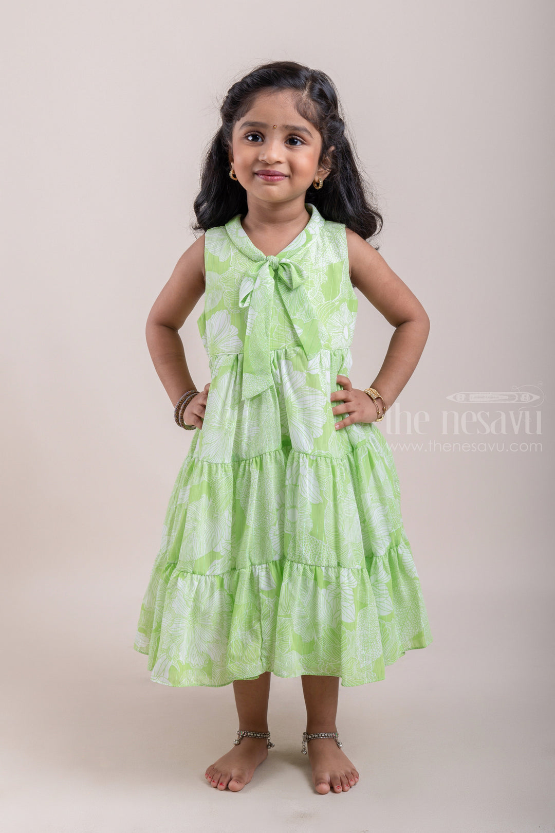 The Nesavu Frocks & Dresses Monochrome Green Tropical Floral Printed N Layered A-Line Frock with Tie-Up Rope For Babys psr silks Nesavu 16 (1Y) / Green / Georgette GFC1090A