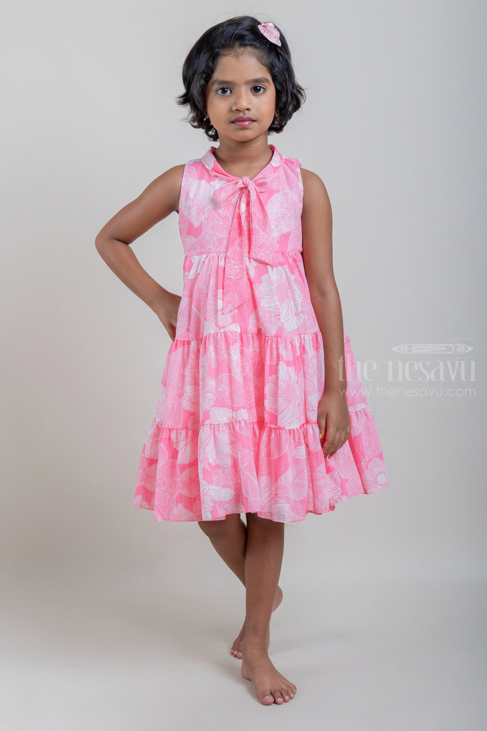 The Nesavu Frocks & Dresses Monochrome Pink Tropical Floral Printed N Layered A-Line Frock with Tie-Up Rope For Babys psr silks Nesavu