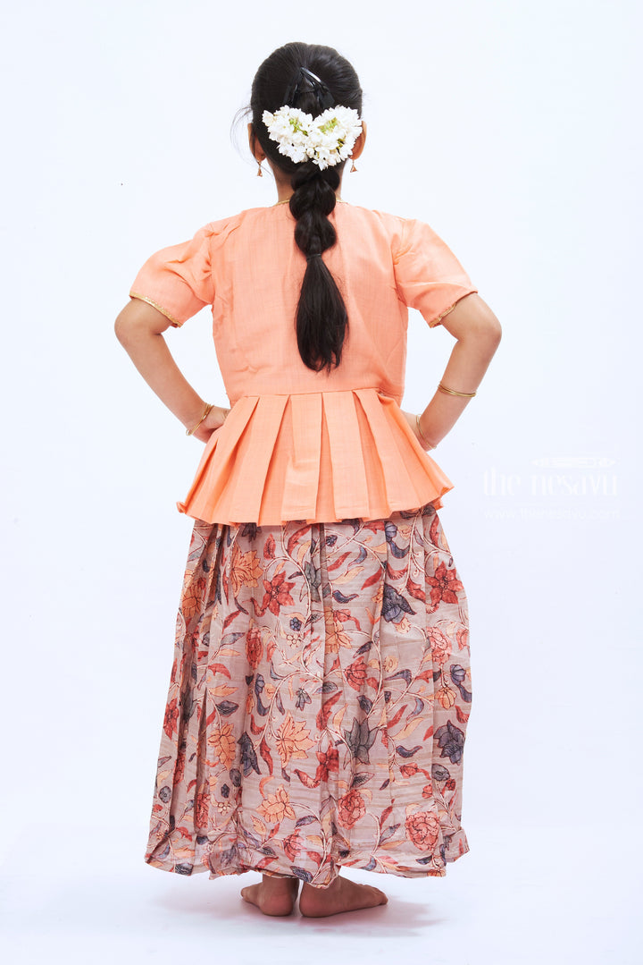 The Nesavu Girls Silk Gown Moonlit Bloom: Ethereal Grey Anarkali Gown with Captivating Overcoat Nesavu Moonlit Bloom | Mystical Grey Kalamkari Printed Anarkali Gown | Elegant Overcoat Ensemble | The Nesavu