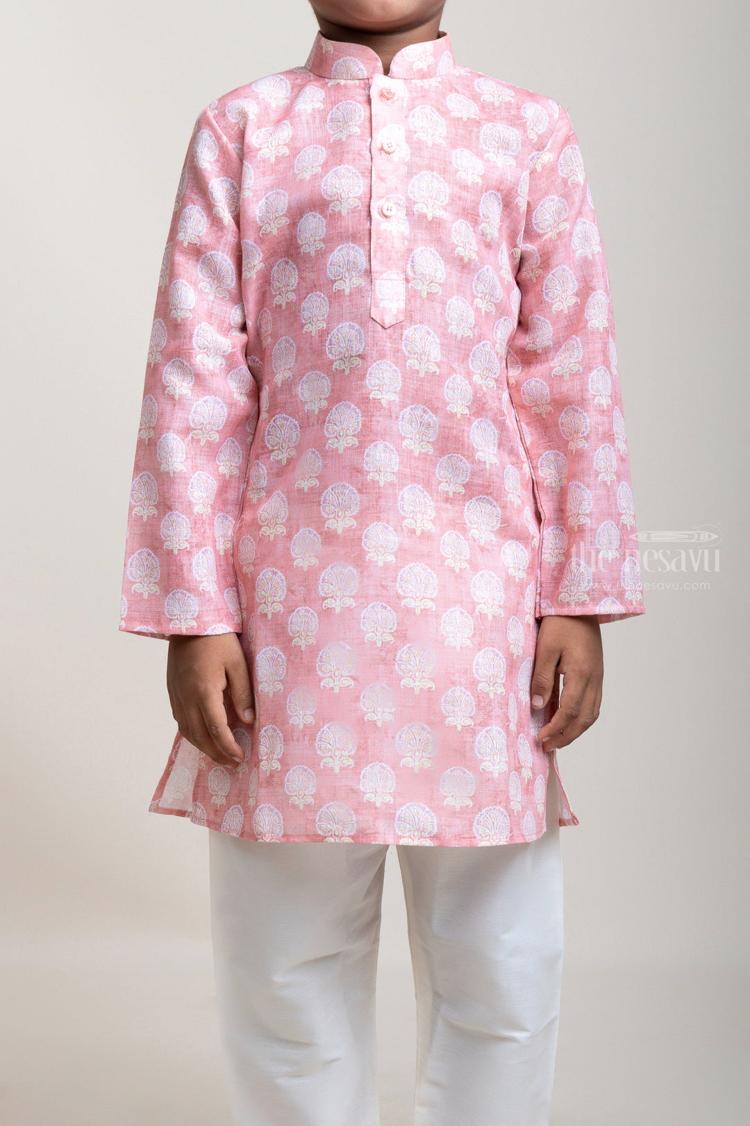 The Nesavu Boys Kurtha Set Mughal Floral Printed Peach Kurta And Elastic White Pants For Little Boys psr silks Nesavu
