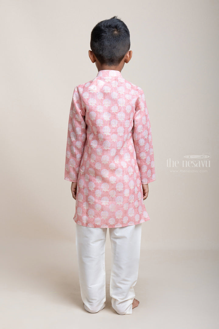 The Nesavu Boys Kurtha Set Mughal Floral Printed Peach Kurta And Elastic White Pants For Little Boys psr silks Nesavu