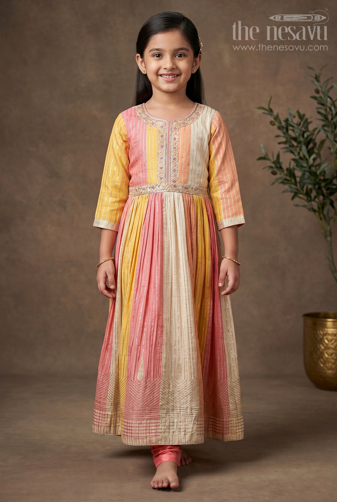The Nesavu Girls Silk Gown Multi Color Girls Silk Gown in Colour Blocked Banarasi Jacquard with Pink Leggings and Dupatta Nesavu 24 (5Y) / Multicolor GPS592A-24 Multi Color Sharara Girls Silk Gown with Banarasi Jacquard and Pink Dupatta Set | The Nesavu