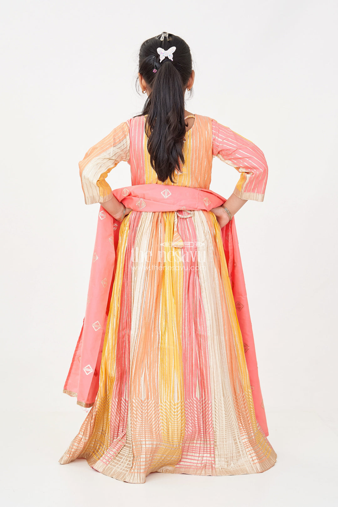 The Nesavu Girls Silk Gown Multi Color Girls Silk Gown in Colour Blocked Banarasi Jacquard with Pink Leggings and Dupatta Nesavu Nesavu Multi Color Sharara Girls Silk Gown with Banarasi Jacquard and Pink Dupatta Set