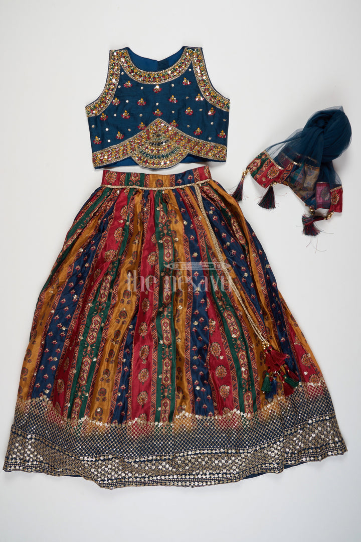 The Nesavu Girls Lehenga Choli Multi-Colored Chinon Girls Lehenga Choli with Heavy Embroidery and Sleeveless Blouse Nesavu Nesavu Multi-Colored Chinon Girls Lehenga Choli Heavy Mirror Embroidery Striped Skirt