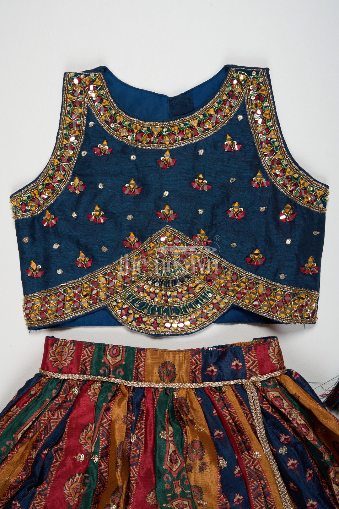 The Nesavu Girls Lehenga Choli Multi-Colored Chinon Girls Lehenga Choli with Heavy Embroidery and Sleeveless Blouse Nesavu Nesavu Multi-Colored Chinon Girls Lehenga Choli Heavy Mirror Embroidery Striped Skirt