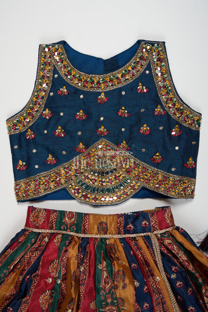 The Nesavu Girls Lehenga Choli Multi-Colored Chinon Girls Lehenga Choli with Heavy Embroidery and Sleeveless Blouse Nesavu Nesavu Multi-Colored Chinon Girls Lehenga Choli Heavy Mirror Embroidery Striped Skirt