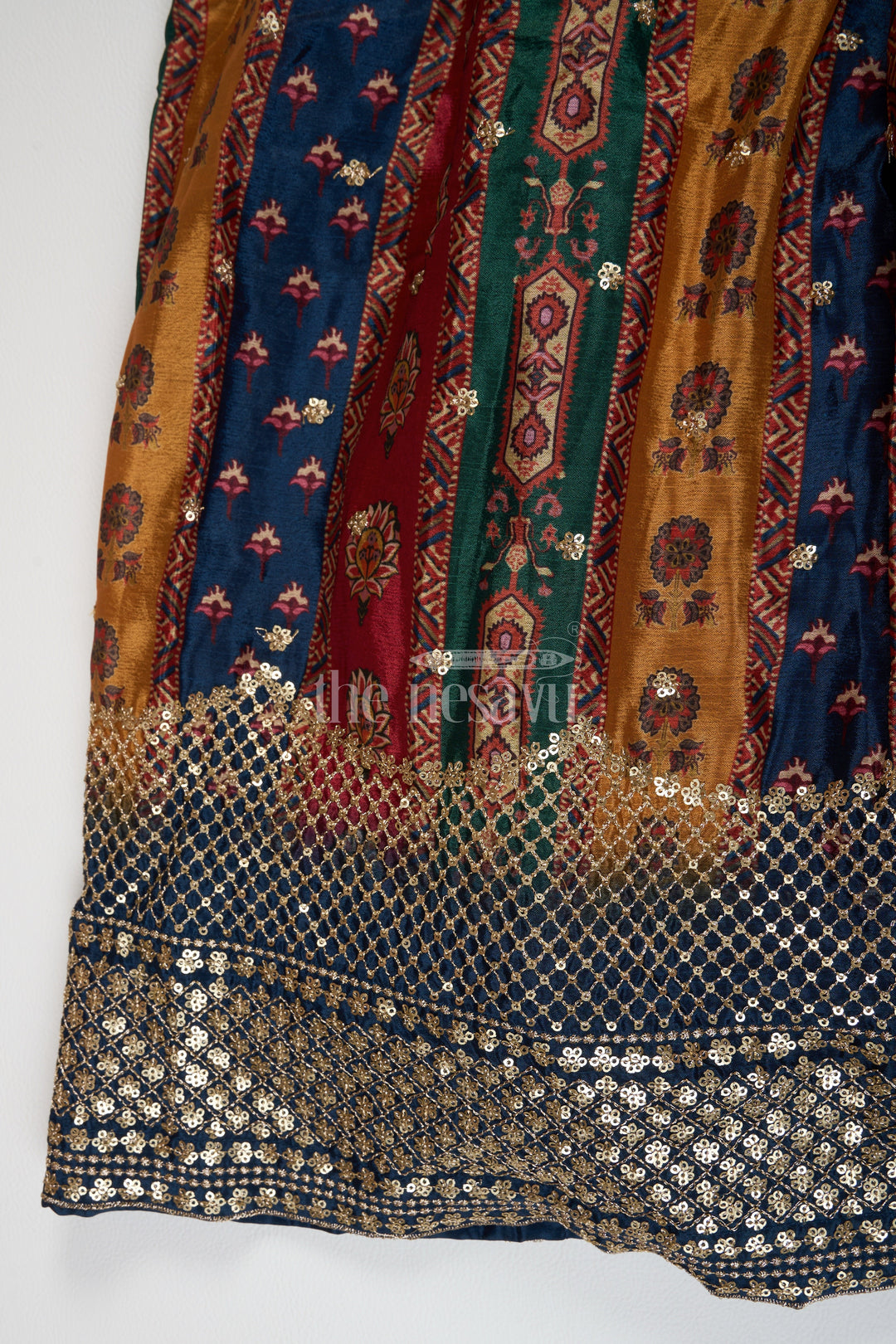 The Nesavu Girls Lehenga Choli Multi-Colored Chinon Girls Lehenga Choli with Heavy Embroidery and Sleeveless Blouse Nesavu Nesavu Multi-Colored Chinon Girls Lehenga Choli Heavy Mirror Embroidery Striped Skirt
