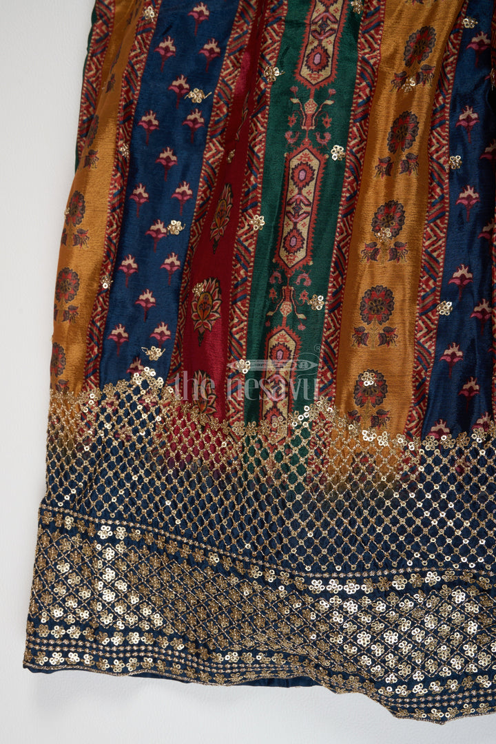 The Nesavu Girls Lehenga Choli Multi-Colored Chinon Girls Lehenga Choli with Heavy Embroidery and Sleeveless Blouse Nesavu Nesavu Multi-Colored Chinon Girls Lehenga Choli Heavy Mirror Embroidery Striped Skirt