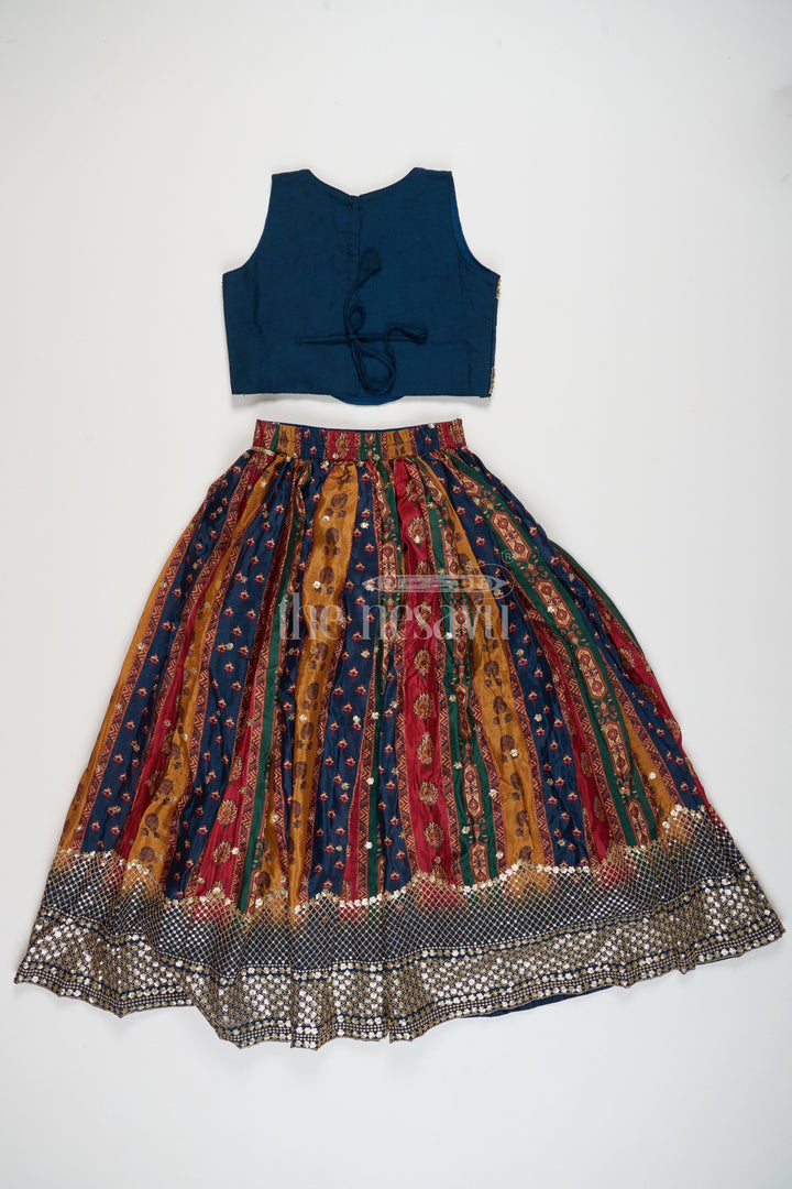 The Nesavu Girls Lehenga Choli Multi-Colored Chinon Girls Lehenga Choli with Heavy Embroidery and Sleeveless Blouse Nesavu Nesavu Multi-Colored Chinon Girls Lehenga Choli Heavy Mirror Embroidery Striped Skirt