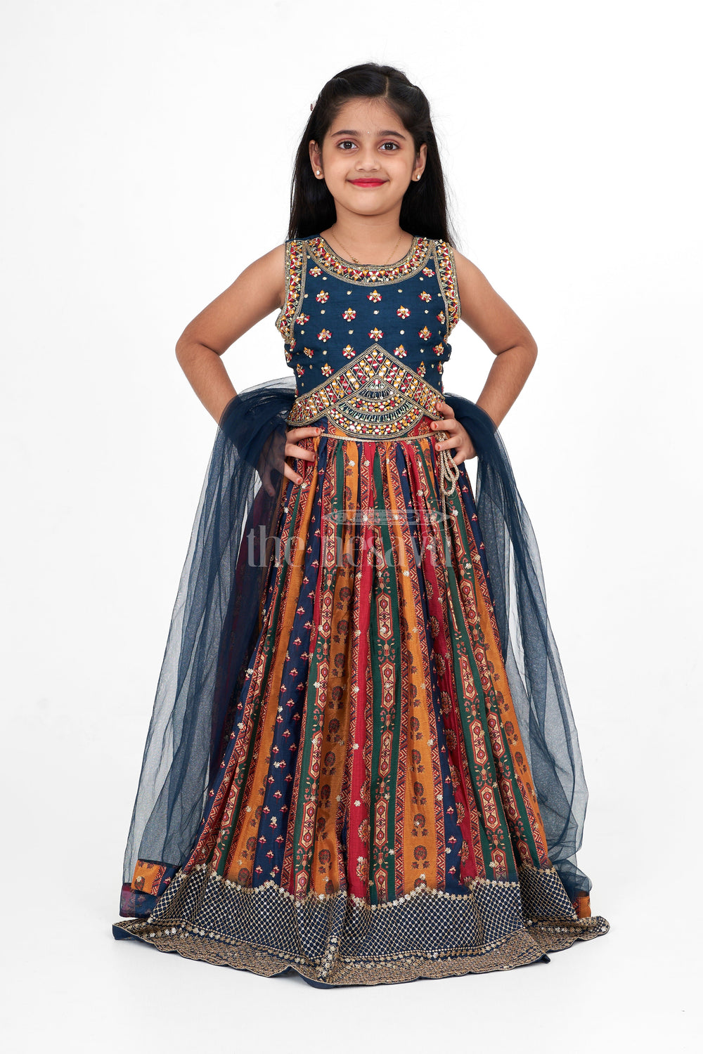 The Nesavu Girls Lehenga Choli Multi-Colored Chinon Girls Lehenga Choli with Heavy Embroidery and Sleeveless Blouse Nesavu Nesavu Multi-Colored Chinon Girls Lehenga Choli Heavy Mirror Embroidery Striped Skirt