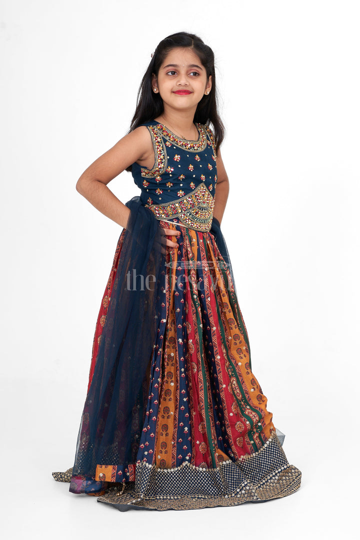 The Nesavu Girls Lehenga Choli Multi-Colored Chinon Girls Lehenga Choli with Heavy Embroidery and Sleeveless Blouse Nesavu Nesavu Multi-Colored Chinon Girls Lehenga Choli Heavy Mirror Embroidery Striped Skirt