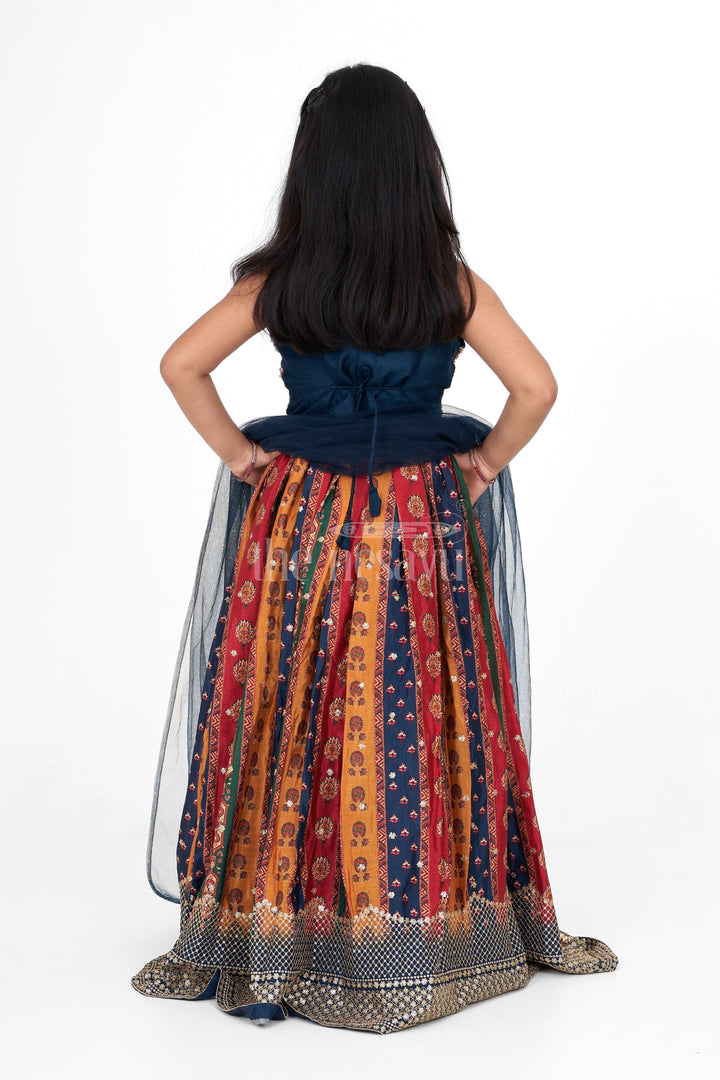 The Nesavu Girls Lehenga Choli Multi-Colored Chinon Girls Lehenga Choli with Heavy Embroidery and Sleeveless Blouse Nesavu Nesavu Multi-Colored Chinon Girls Lehenga Choli Heavy Mirror Embroidery Striped Skirt
