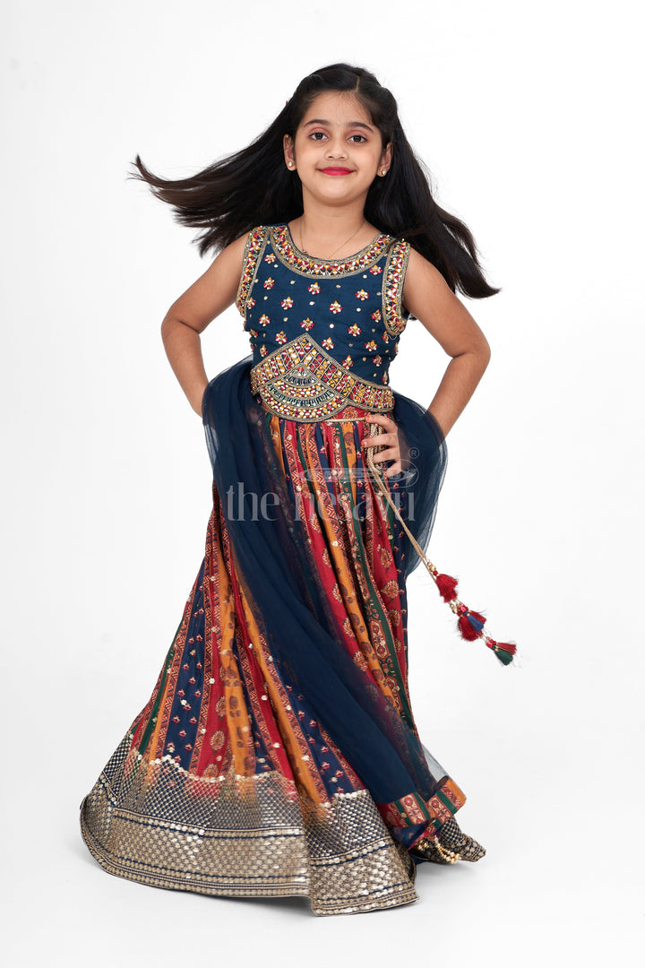 The Nesavu Girls Lehenga Choli Multi-Colored Chinon Girls Lehenga Choli with Heavy Embroidery and Sleeveless Blouse Nesavu Nesavu Multi-Colored Chinon Girls Lehenga Choli Heavy Mirror Embroidery Striped Skirt