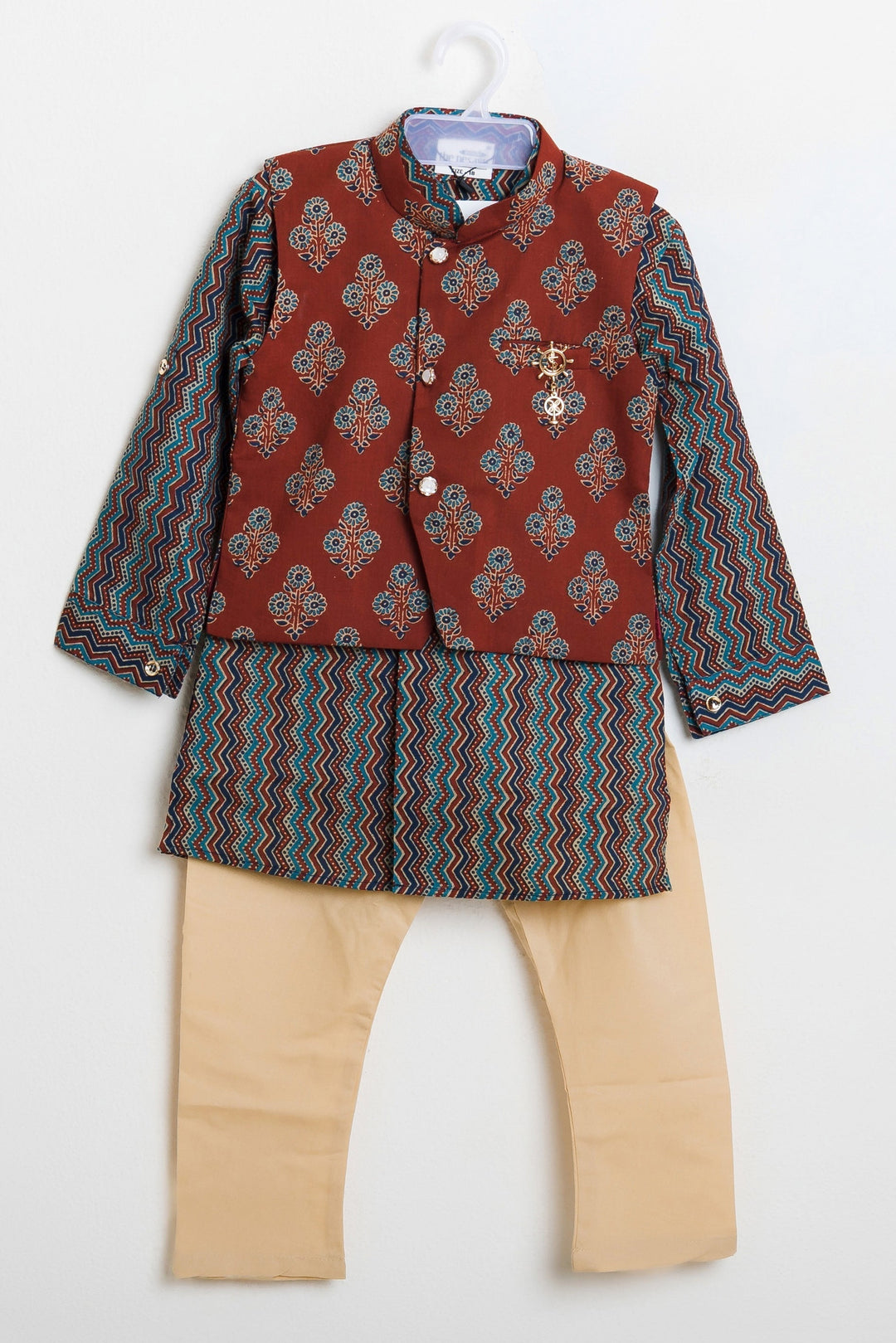 The Nesavu Boys Jacket Sets Multi Colour Cotton Kurta N Mughal Floral Printed Jacket With Sandal Pyjama For Boys Nesavu 12 (3M) / multicolor / Cotton BES194C-12 Latest Three Piece Kurta Set 2023| Fresh Design Kurta| The Nesavu