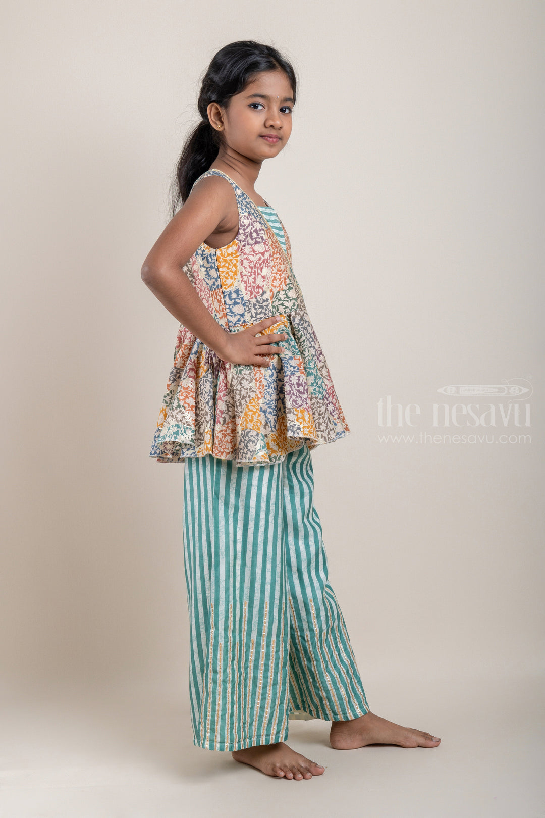 The Nesavu Girls Sharara / Plazo Set Multi-Colour Floral Printed Peplum Pattern Kurti with Green Striped Palazzo Pant for Girls Nesavu Shop Multi-Colour Floral Printed Peplum Pattern Kurti with Green Striped Palazzo Pant for Girls | Designer Ethnic Wear | The Nesavu