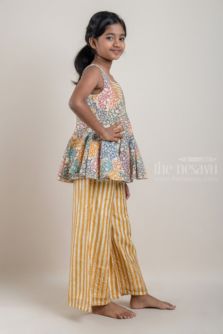 The Nesavu Girls Sharara / Plazo Set Multi-Colour Floral Printed Peplum Pattern Kurti with Yellow Striped Palazzo Pant for Girls Nesavu Shop Multi-Colour Floral Printed Peplum Pattern Kurti with Yellow Striped Palazzo Pant for Girls | Designer Ethnic Wear | The Nesavu