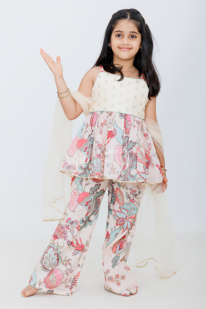 The Nesavu Girls Sharara / Plazo Set Multicolor Chanderi Plaza Girls Sharara Set with Peplum Top and Bold Floral Print Nesavu 16 (1Y) / multicolor GPS440A-16 Nesavu Multicolor Chanderi Peplum Sharara Set Girls Bold Floral Prints