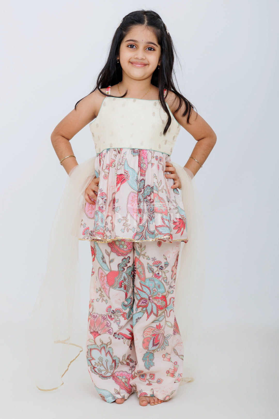 The Nesavu Girls Sharara / Plazo Set Multicolor Chanderi Plaza Girls Sharara Set with Peplum Top and Bold Floral Print Nesavu Nesavu Multicolor Chanderi Peplum Sharara Set Girls Bold Floral Prints