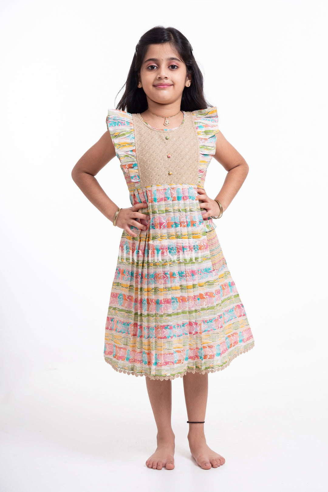 The Nesavu Girls Cotton Frock Multicolor Cotton Girls Frock with Ruffle Sleeves Nesavu 22 (4Y) / multicolor GFC1244B-22 Multicolor Cotton Girls' Frock with Ruffle Sleeves and Chikankari Embroidery - Nesavu