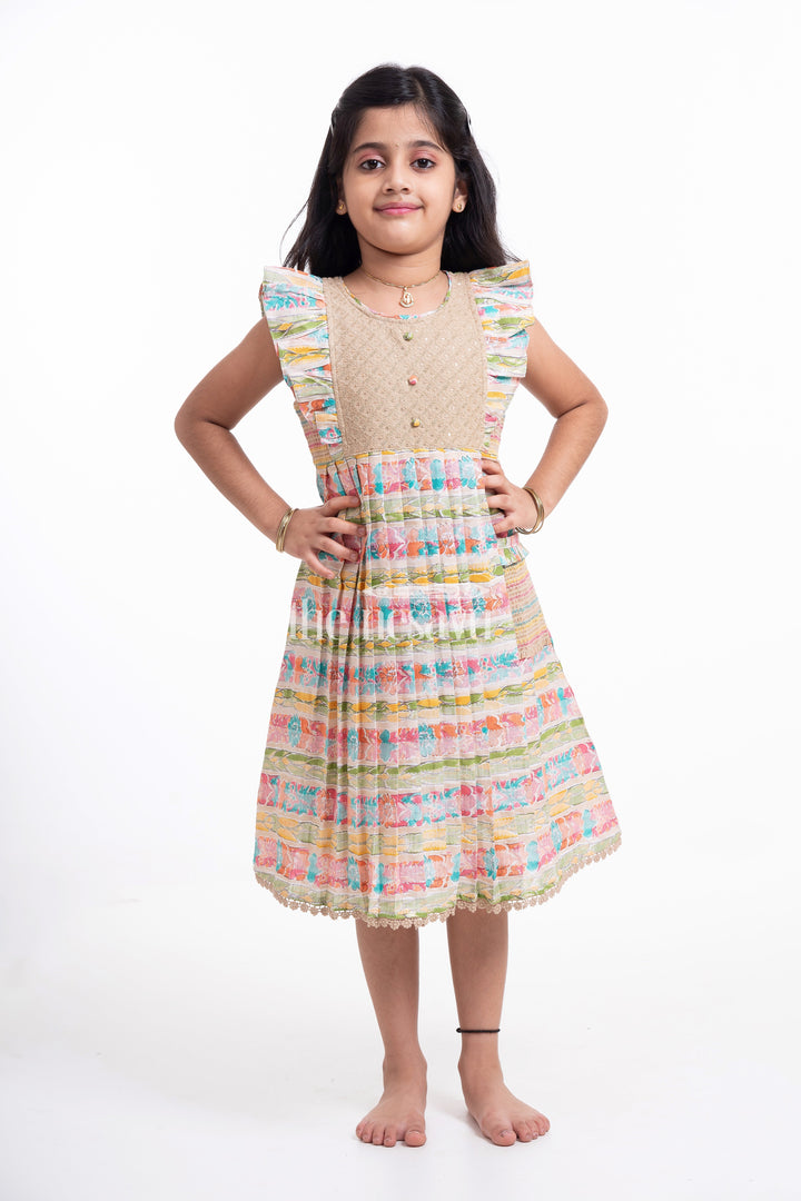 The Nesavu Girls Cotton Frock Multicolor Cotton Girls Frock with Ruffle Sleeves Nesavu 22 (4Y) / multicolor GFC1244B-22 Multicolor Cotton Girls' Frock with Ruffle Sleeves and Chikankari Embroidery - Nesavu