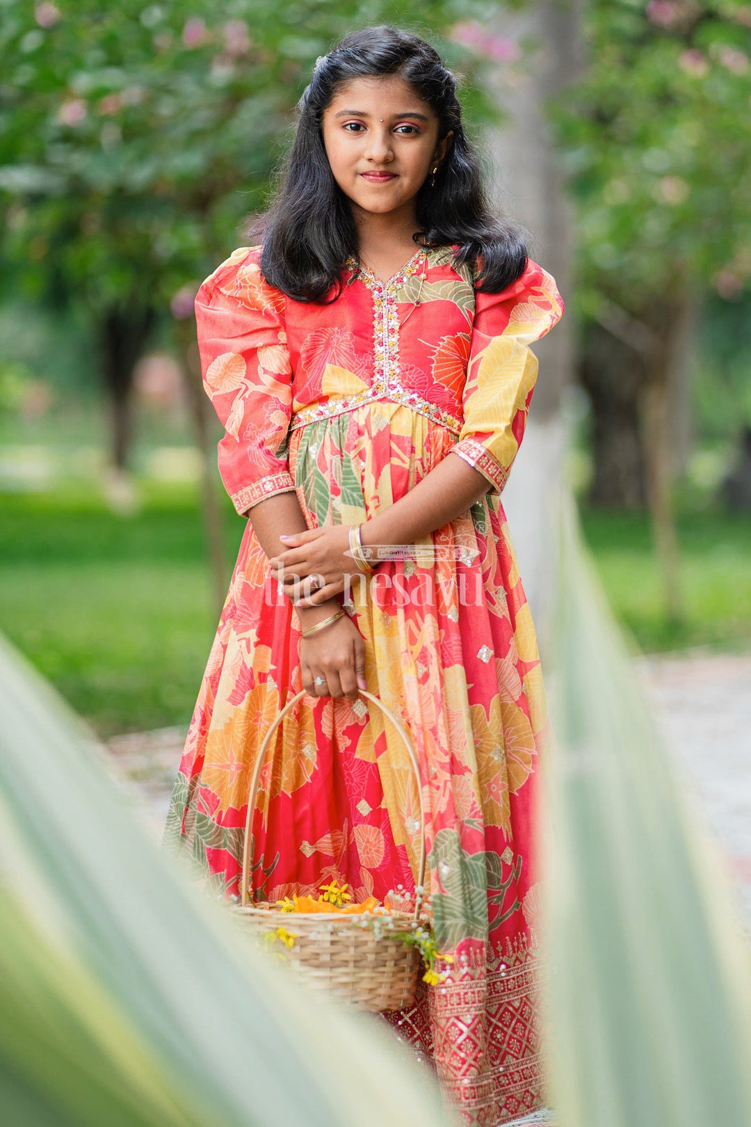 The Nesavu Girls Party Gown Multicolor Floral Print Girls Party Gown with Embellished Neckline and Long Sleeves Nesavu Nesavu Multicolor Floral Print Girls Party Gown Embellished Neckline Long Sleeves Special Occasions