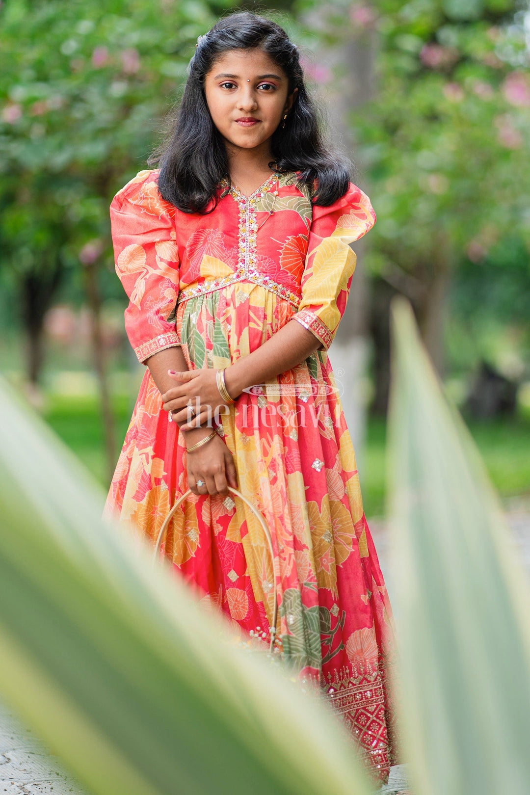 The Nesavu Girls Party Gown Multicolor Floral Print Girls Party Gown with Embellished Neckline and Long Sleeves Nesavu Nesavu Multicolor Floral Print Girls Party Gown Embellished Neckline Long Sleeves Special Occasions