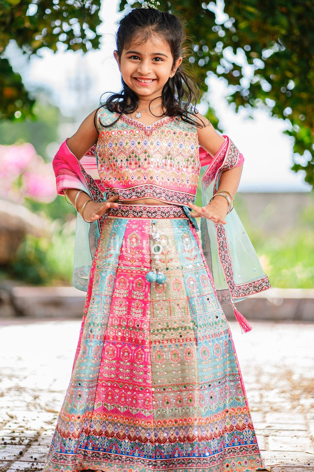 The Nesavu Girls Lehenga Choli Multicolor Girls Lehenga Choli with Detailed Gold Embroidery and Mirror Accents for Celebrations Nesavu 18 (2Y) / multicolor GL499A-18 Nesavu Multicolor Girls Lehenga Choli Gold Embroidery Mirror Work Weddings Festive Events