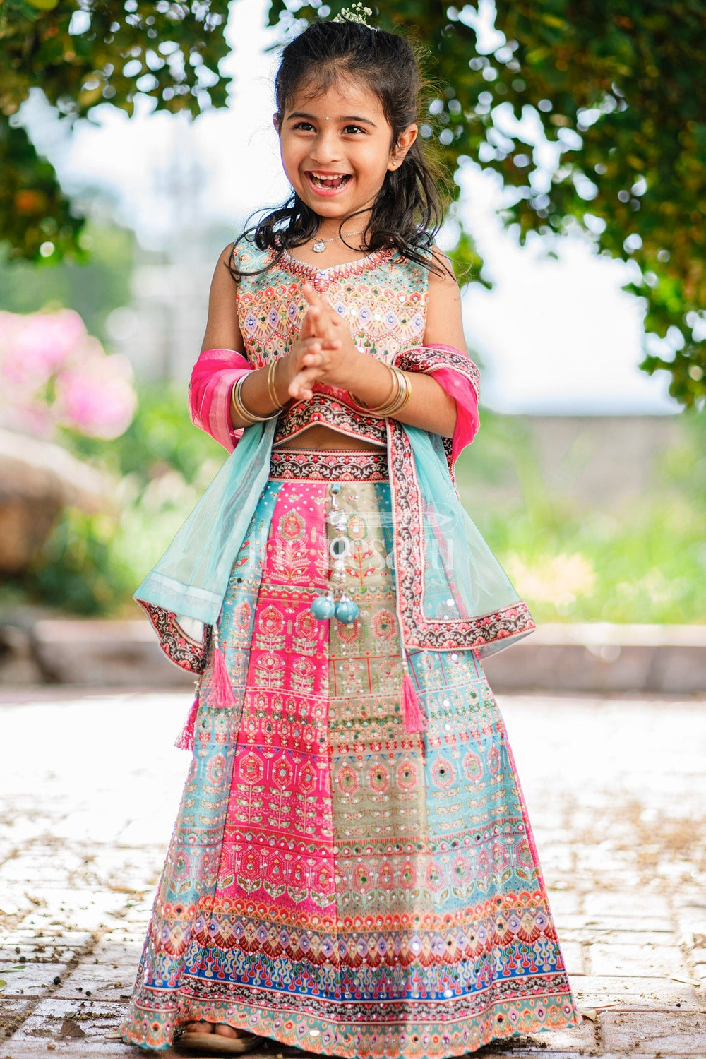The Nesavu Girls Lehenga Choli Multicolor Girls Lehenga Choli with Detailed Gold Embroidery and Mirror Accents for Celebrations Nesavu Nesavu Multicolor Girls Lehenga Choli Gold Embroidery Mirror Work Weddings Festive Events