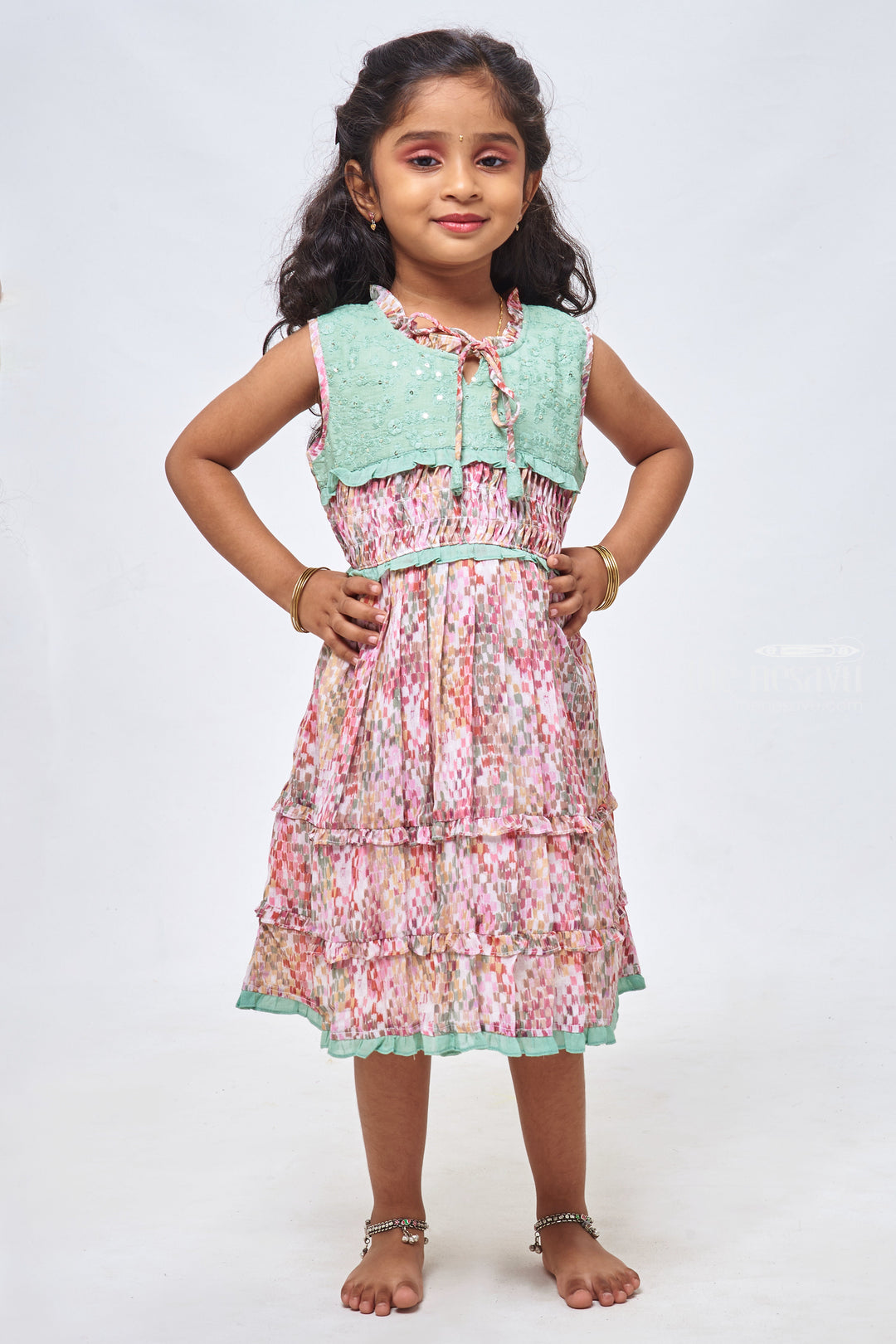 The Nesavu Girls Cotton Frock Multicolor Marvel: Girls Sleeveless Layered Cotton Frock Nesavu 22 (4Y) / Green / Cotton GFC1149A-22 Stylish Cotton Frocks for Kids | Casual and Fancy Dresses Online | The Nesavu